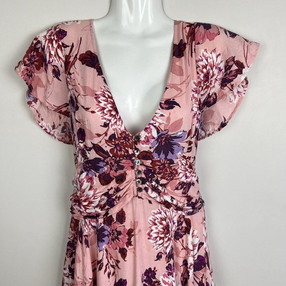 Tree of Life Midi Dress Pink Floral Tie Back Boho Hippie Tropical Rayon Size XL - Picture 3 of 9